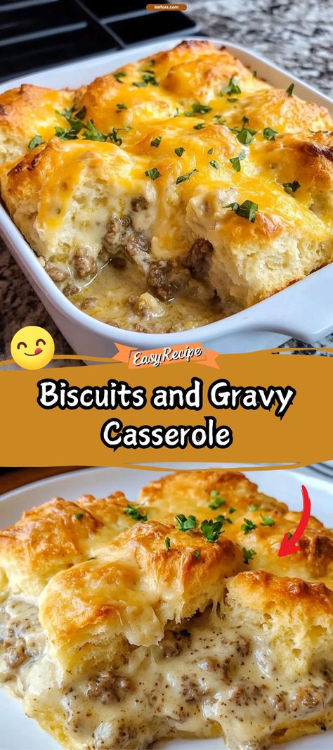 Experience a new twist on a southern classic with the Biscuits and Gravy Casserole. Layered with fluffy biscuits, savory sausage gravy, and topped with cheese, this casserole turns a breakfast favorite into a dish that's perfect for any meal. #BiscuitsAndGravy #BreakfastCasserole #SouthernCooking Sausage Patty Casserole, Biscuits And Gravy Breakfast Casserole With Hashbrown, Healthier Biscuits And Gravy, Sausage And Biscuit Breakfast Casserole, Recipes With Sausage Gravy, Egg Sausage Biscuit Casserole, Southern Brunch Ideas, Biscuits And Gravy Hash Brown Casserole, Quick And Easy Breakfast Casserole Simple Christmas Morning