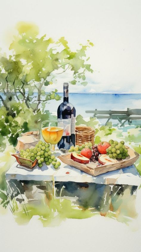 Picnic Wallpaper Aesthetic, Picnic Wallpaper, Watercolor Picnic, Wallpaper Glass, Wine Wallpaper, Plate Food, Nice Designs, Wallpapers For Mobile Phones, Awesome Designs