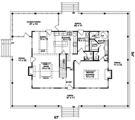 Farmhouse Plan With Wrap-Around Porch - plan #087D-0299 | houseplansandmore.com Lowcountry House Plans, Modern Farmhouse Floorplan, Southern House Plan, Porch Plans, Farmhouse Floor Plans, Southern House Plans, Farmhouse Style House Plans, House Plans And More, Country Style House Plans