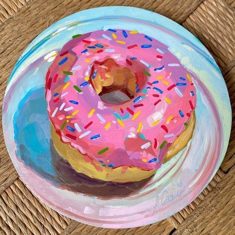 Donut Painting, Avocado Painting, Food Art Painting, Candy Art, Food Painting, Oil Pastel Art, Round Canvas, Painting Workshop, Oil Painters