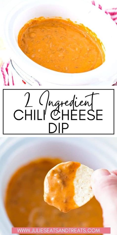 With only two ingredients this Chili Cheese Dip is so easy to make that even the most novice chef can pull it off! Plus, you can make it on your stove top or crock pot so it's perfect for bringing to parties. Grab your chips and dig into this hot dip recipe that's the star at any appetizer table! Easy Football Snacks, Slow Cooker Dips, Crock Pot Chili, Chili Cheese Dip, Dip Recipes Hot, Novice Chef, Chili Cheese Dips, Crock Pot Dips, Homemade Dips