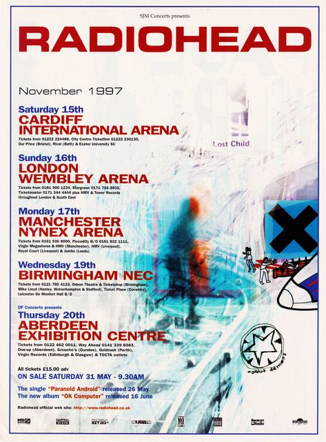 Radiohead Ok Computer, Radiohead Poster, Poster Magazine, Grunge Posters, Ok Computer, Uk Tour, Tour Poster, Music Poster Design, Tour Posters