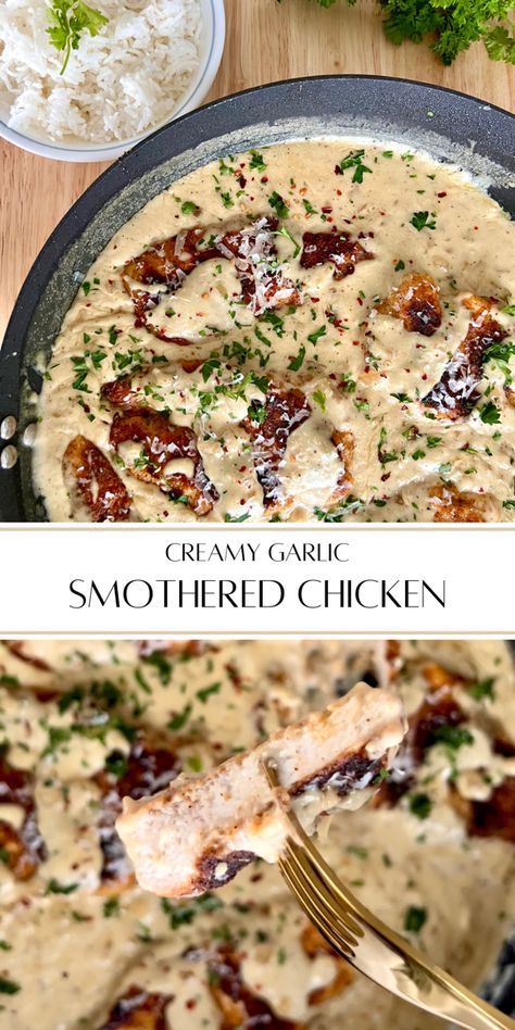 golden fried crispy chicken smothered in a creamy garlic sauce Garlic Smothered Chicken, Creamy Chicken Diane, Chicken Oscar With Crab, Breaded Chicken Sauce, Chicken In Cream Sauce Recipes, Smothered Garlic Chicken, Saucy Chicken Recipes, Chicken Cream Sauce, Chicken With Cream Sauce