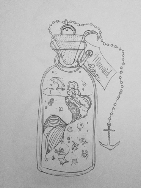 Mermaid Drawing Aesthetic, Fairy In A Bottle Drawing, Sea Aesthetic Drawing, Simple Mermaid Drawing, Potions Drawing, Mermaid Potion, Mermaid In A Bottle, Hourglass Drawing, Pen Art Doodle