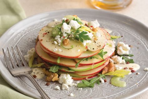 Deconstructed for an elegant update, Stacked Waldorf Salad with Creamy Apple-Cider Vinaigrette showcases narrow bands of color. Waldorf Salad Plating, Deconstructed Salad, Salad With Maple Vinaigrette, Salad Presentation, Harvest Dinner, Maple Vinaigrette, Celebration Dinner, Cider Vinaigrette, 2023 Recipes