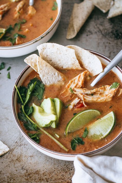 Paleo chicken tortilla-less soup in the crockpot or Instant Pot. Creamy, flavorful, and super simple! #paleo #tortillasoup #soup #mealprep #crockpot #instantpot #easyrecipes #simplerecipes #mexicanfood #glutenfree #dairyfree #cozyfood #avocado #lime #tortillachips Soup Recipe Healthy, Recipe Healthy Dinner, Gluten Free Soup Recipes Glutenfree, Simple Paleo, Spicy Almonds, Spicy Cauliflower, Healthy Dinner Ideas, Vegan Stew, Delicious Soup Recipes