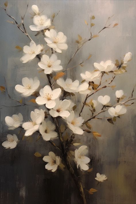 The image showcases a collection of vibrant flower blossoms, each petal delicately detailed. The artwork portrays a classic scene of delicate white blossoms, reminiscent of bygone eras. The vintage-inspired aesthetic adds a touch of elegance and sophistication to your space, evoking a sense of nostalgia and beauty from a bygone era. White Cherry Blossom Painting, Cherry Flower Painting, Cherry Blossom Oil Painting, Industrial Feminine, Wall Fresco, Almond Blossom Painting, Blossom Tree Painting, Cherry Blossom Wall Art, Blossom Painting