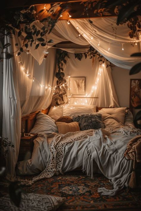 29 Boho Bedroom For Couples 14 Canopy Bed With Curtains And Lights, Cozy Bed Corner Ideas, Corner Bed With Canopy, Cozy Bedroom Fairy Lights, How To Style A Canopy Bed, Cosy Boho Bedroom, Fairy Light Decor Ideas Bedroom, Couples Bedroom Ideas Cozy, Corner Canopy Bed