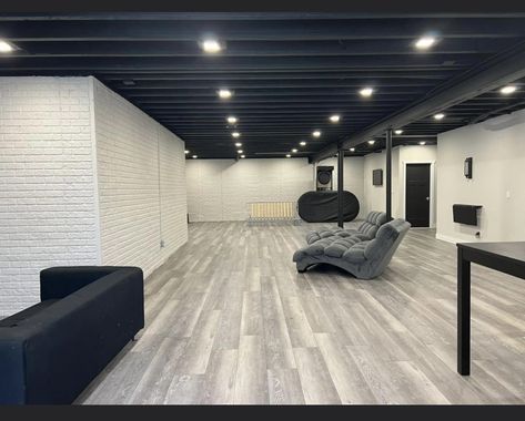 Black Exposed Ceiling Basement, Basement Ceiling Painted Black, Designer Basement, Black Basement Ceiling, Unfinished Basements, Basements Ideas, Basement Bathrooms, Exposed Basement Ceiling, Basement Ceiling Painted