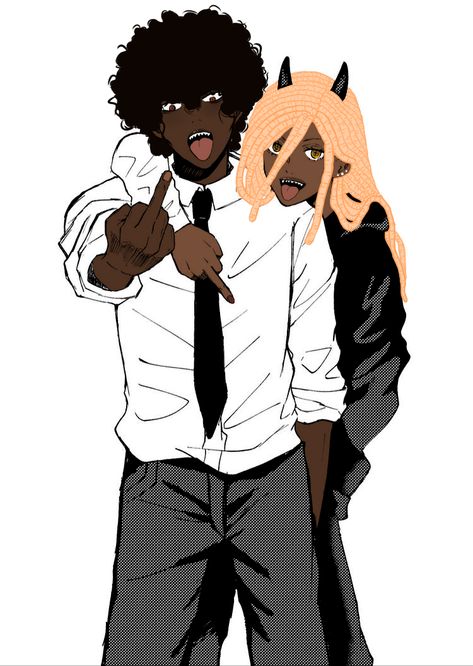 Denji And Power, Poc Pfp, Blk Art, Black Drawings, Interracial Art, Blk Edits, Black Edits, Black Pfp, Matching Pfp's