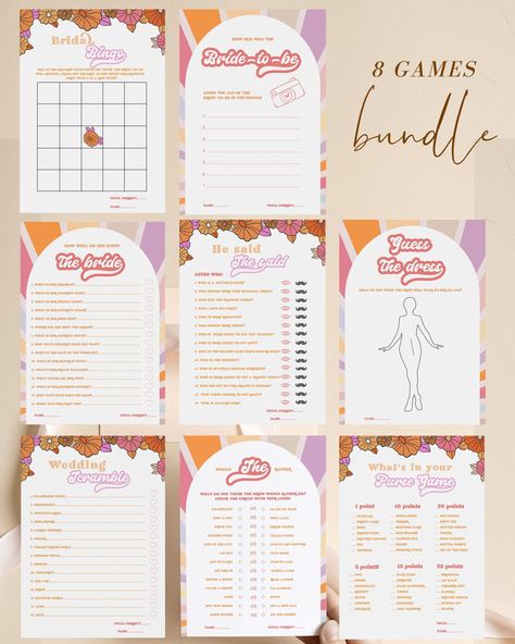 Editable Retro 70s Bridal Shower Game Bundle, Groovy Bridal Shower Games Funky Disco Printable, Instant Download 244 Groovy Bridal Shower Theme, 70s Bridal Shower Ideas, Bride Template, Bride Shower Games, Groovy Theme, Dpi Photo, Bow Theme, Retro Bridal Showers, Free Bingo Cards