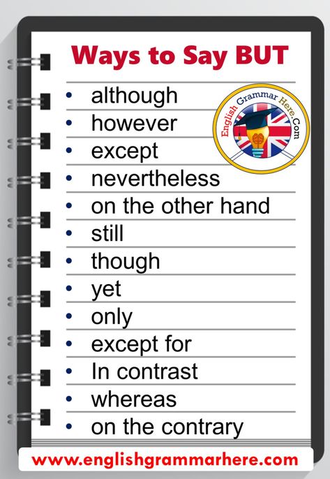 Other Ways To Say BUT in English although Although means “in spite of something”. It  can be used at the beginning or in the middle of a sentence, but it doesn’t have a comma afterwards. Examples Although he is rich, he has no girl friend. Although studying French seems difficult, it’s simpler than you think. Although they have a lot of money, they’re still not happy.   whereas Whereas links two ideas that contrast with each other. It is a conjunction. It is used to highlight an important ... Ways To Say But, Studying French, Other Ways To Say, English Learning Spoken, Essay Writing Skills, Interesting English Words, Good Vocabulary Words, Good Vocabulary, English Writing Skills