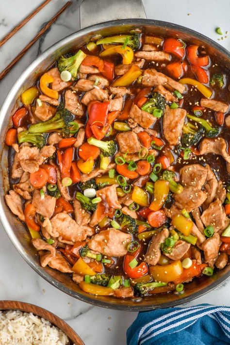 This Pork Stir Fry recipe has a perfect, easy to make, stir fry sauce that smothers the most tender pork while giving you a great serving of vegetables. This 30 minute meal will become a family favorite! Stir Fry Recipes Rice, Pork Stir Fry Sauce, Best Stir Fry Sauce, Best Stir Fry, Pork Stir Fry Recipes, Pork Crockpot Recipes, Easy Stir Fry Recipes, Slow Cooker Casserole, Pork Fried Rice