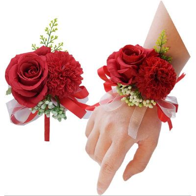 pretty wrist corsage, worn on the left hand, consistent with the wedding ring worn hands, features: fits all the people's wrists. Color: Red | rayintelligent Flower Wrist Corsage Boutonniere in Red, Size 4.0 H x 3.0 W x 3.0 D in | Wayfair Flower Wrist Corsage, Flowers Accessories, Corsage And Boutonniere Set, Flower For Wedding, Prom Suit, Wrist Flowers, Corsage And Boutonniere, Silk Flowers Wedding, Artificial Rose