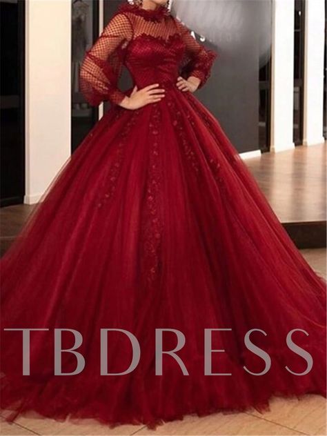 Floor-Length Ball Gown High Neck Formal Dress 2020 Prom Dresses Long Sleeve, Burgundy Ball Gown, High Neck Dress Formal, Quincenera Dresses, Red Ball Gowns, Burgundy Formal Dress, Ball Gown Prom Dresses, Gown Prom Dresses, Ballroom Dresses