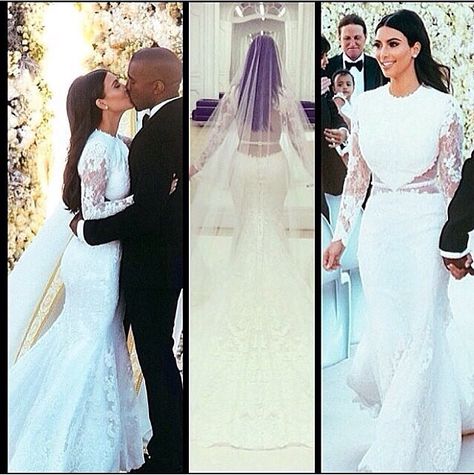 Kim Kardashian's wedding dress.. Not a fan of it, I like dresses with sleeves, but not for a wedding dress... But the back of her dress is stunning Kanye Kim Wedding, Kim Kardashian Wedding Dress Kanye, Kanye And Kim Wedding, Kim K Wedding Hair To Kanye, Kardashian Wedding Dress, Kim Kanye Wedding, Kim Kardashian Dress, Kim Kardashian Kanye West Wedding, Kim Kardashian Wedding Kanye