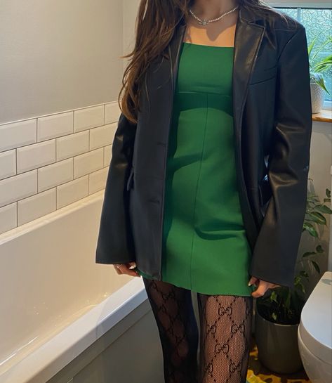 Tights And Leather Jacket, Green Dress Leather Jacket, Dark Green Outfit Aesthetic, Green Mini Dress Outfit, Maneskin Concert, Jacket Over Dress, Dark Green Jacket, Dress Shorts Outfit, Leather Jacket Blazer