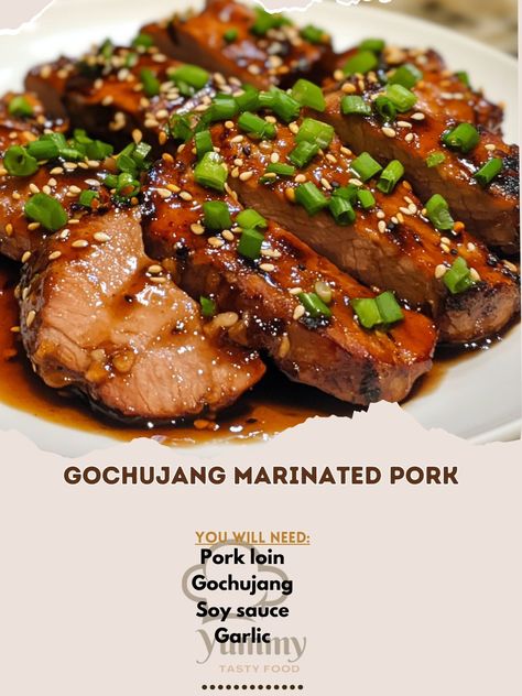 🔥 "Savor the rich, spicy flavors of Gochujang Marinated Pork—an unforgettable Korean dish!" 🔥🥩 #GochujangPork #KoreanBBQ Gochujang Marinated Pork Ingredients: Pork loin (1 lb, sliced) Gochujang (3 tbsp) Soy sauce (2 tbsp) Garlic (3 cloves, minced) Ginger (1 tsp, grated) Sesame oil (1 tbsp) Brown sugar (1 tbsp) Green onions (for garnish) Sesame seeds (1 tsp) Instructions: In a bowl, combine gochujang, soy sauce, garlic, ginger, sesame oil, and brown sugar. Marinate the pork slices in the m... Gochujang Pork, Soy Sauce Garlic, Korean Pork, Marinated Pork, Korean Dishes, Korean Bbq, Pork Loin, Sesame Oil, Sesame Seeds