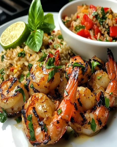 Learn how to make Thai Chili Lemongrass Grilled Shrimp paired with Sweet Basil & Lime Fried Rice—perfect for a flavorful Thai dinner! Thai Grilled Shrimp, Thai Green Chili Recipes, Thai Seafood Recipes, Lime Fried Rice, Lemongrass Shrimp, Thai Basil Recipes, Thai Dinner, Basil Fried Rice, Shrimp Fried Rice Recipe