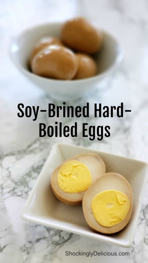 Soy-Brined Hard-Boiled Eggs recipe on ShockinglyDelicious.com Boiled Egg Seasoning, Soy Sauce Boiled Eggs, Korean Hard Boiled Egg, Seasoned Boiled Eggs, Asian Hard Boiled Eggs, Soy Sauce Hard Boiled Eggs, Soy Sauce Eggs Hard Boiled, Marinated Hard Boiled Eggs, Asian Keto