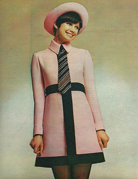 Cute dress? Check! Cute hat? Check! Cute tie? Check! Cute smile? Check! #1960s (Ted Lapidus, French Vogue April 1969) | via Classic Style of Fashion (First) 60s Mod Fashion, Decades Of Fashion, 1960 Fashion, Mode Rose, Ted Lapidus, 1960's Fashion, French Vogue, 60s 70s Fashion, Fashion 1960s