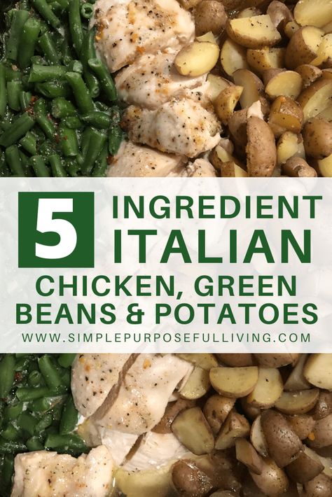 Simple and easy zesty Italian chicken, green beans and potatoes recipe. Just 5 ingredients in this simple recipe makes for easy dinners and delicious leftovers. Switch it up and cook it in the crockpot. #chickenrecipe #easydinners #dinnerrecipes Chicken Green Beans Potatoes, Beans And Potatoes Recipe, Zesty Italian Chicken, Crockpot Chicken And Potatoes, Italian Chicken Crockpot, Beans And Potatoes, Beans In Crockpot, Chicken Green Beans, Crock Pot Potatoes