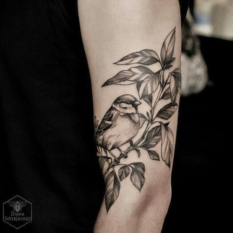 Sparrow Tattoos, Chickadee Tattoo, Sparrow Tattoo Design, Botanical Tattoo Design, Bird And Flower Tattoo, Bird Tattoo Sleeves, Vogel Tattoo, Nature Tattoo Sleeve, Mother Nature Tattoos