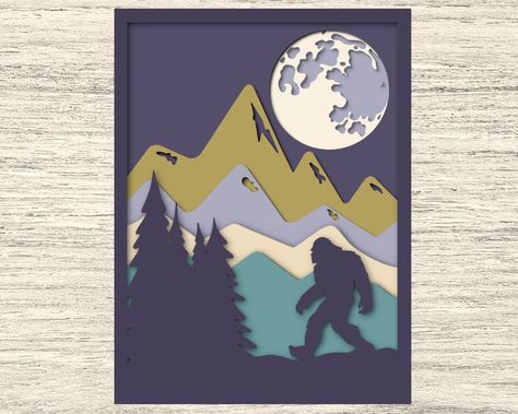 Bigfoot Crafts, Layered Paper Art, Mountain Night, Forest Sunset, Art Cut, Layered Art, Bigfoot Sasquatch, Paper Cut Art, Easy Quilts