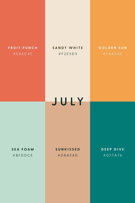 July is here! Summer is in full swing. The days are hot, the patios are open and the people are out! It’s a month of fun and sun. The July palette brings a beachy vibe combining the warm tones of pinks and yellows and the cool tones of teal. If this doesn’t make you want to pack a beach bag and head for the waves, I don’t know what will. July Color Palette, Best Bathroom Paint Colors, Color Design Inspiration, Bathroom Paint, Hex Color Palette, Color Schemes Colour Palettes, Bathroom Paint Colors, Brand Color Palette, Maximalist Decor