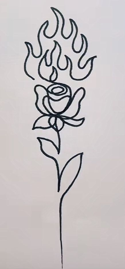 Rose Fire Tattoo, Rose On Fire Tattoo, On Fire Tattoo, Rose On Fire, Simple Line Tattoo, Lotus Drawing, Simple Rose Tattoo, Lilies Drawing, One Line Tattoo