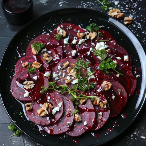 Vegan Beetroot Carpaccio Ingredients: - 4 medium beetroots, peeled and thinly sliced - 2 tablespoons olive oil - 1 tablespoon balsamic vinegar - Salt and pepper, to taste - 1/2 cup walnuts, toasted and roughly chopped - 1/4 cup vegan feta cheese, crumbled - 2 tablespoons fresh parsley, chopped - 1 teaspoon fresh thyme leaves - Zest of 1 lemon Instructions: 1. Preheat your oven to 375°F (190°C). Arrange the beetroot slices in a single layer on a baking sheet lined with parchment paper. Drizz... Beetroot Carpaccio, Vegan Feta, Beetroot Recipes, Cooking Vegetables, Vegan Feta Cheese, Balsamic Dressing, Gourmet Vegan, Chic Halloween, Halloween Dinner