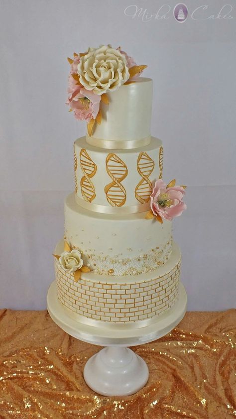 Ivory& gold wedding cake, DNA helix Science Wedding Cake, Ivory Gold Wedding, Science Cake, Science Wedding, Dna Helix, Gold Wedding Cake, Wedding Plans, Cake Art, Helix