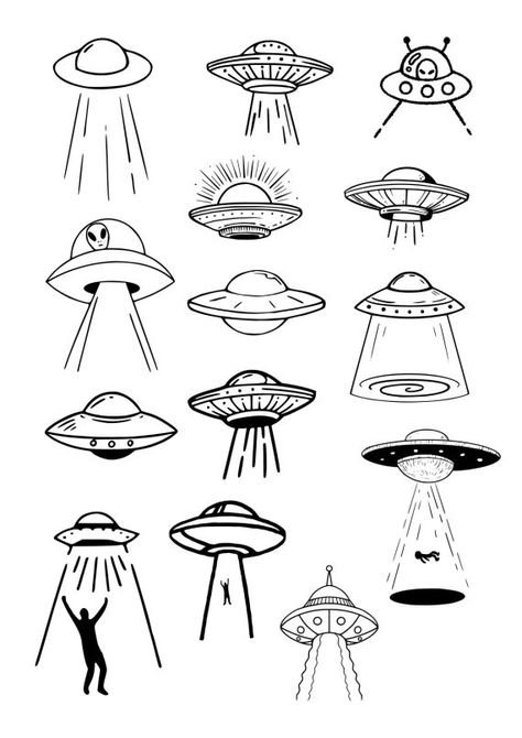 Alien Line Art, Flash Art Tattoos, Spaceship Tattoo, Tato Flash, Ufo Tattoo, Tato Minimal, Pola Tato, Art Flash, Arte Doodle