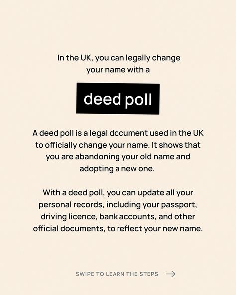 Thinking of changing your name in the UK? It's actually easier than you think! Swipe to understand the official deed poll process, common mistakes to avoid, and which documents you'll need to update afterwards. Follow us for more legal insights. #namechange #uklife #deedpoll #legalname #uklegal #lifehacks #britishlife #namechangeuk #freeadvice #ukpassport #moneysaving #govuk #adulting #ukrights #legaltips #britishcitizen #legaladvice #freshstart #dvla #identitychange #ukgovernment #citizens... Changing Your Name, Free Advice, Name Change, Legal Advice, Fresh Start, Your Name, You Changed, Saving Money, The Uk