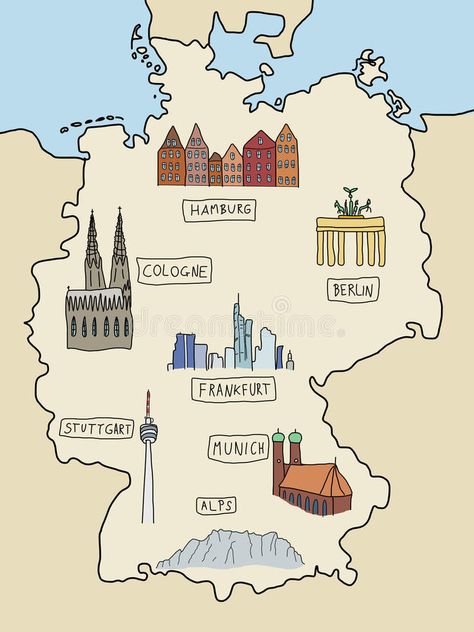 Germany Doodles, Study In Germany Poster, Deutschland Aesthetic, Germany Drawing, Germany Clipart, Germany Scrapbook, Germany Map Aesthetic, German Illustration, Germany Illustration