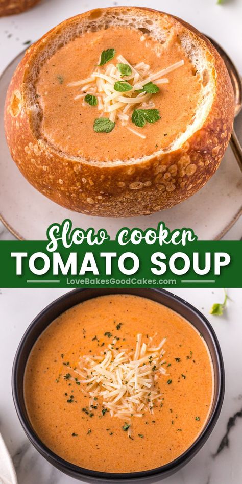 Slow Cooker Tomato Soup pin collage Crockpot Tomato Soup, Slow Cooker Tomato Soup, Fresh Tomato Soup, Bisque Soup, Crockpot Soup Recipes, Best Soup Recipes, Slow Cooker Dinner, Soup Crocks, Tomato Soup Recipes