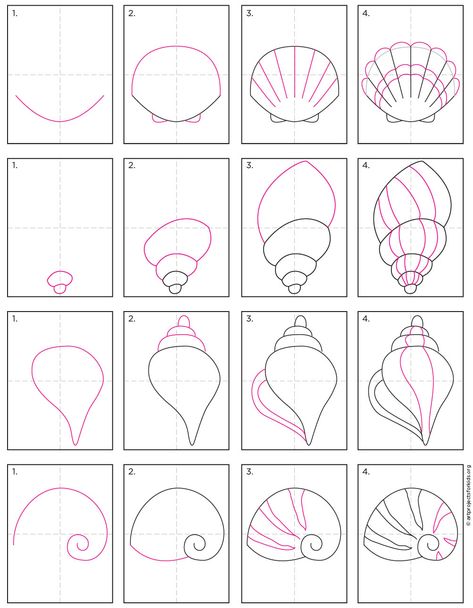 How to Draw a Sea Shell · Art Projects for Kids Shell Doodles Easy, Sea Shell Doodle, How To Draw A Sand Dollar, Summer Ideas Drawing, Draw Summer Ideas, How To Paint Shells, How To Draw A Surfboard, How To Draw Summer, How To Draw The Beach