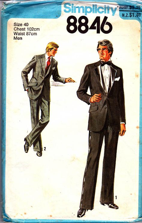 Simplicity 8846; ©1979; Men's Unlined Tuxedo or Suit: V. 1 or 2 jacket with front button closing has notched collar, long set-in sleeves with button trim, back vent, welt pocket, flapped pockets and inside breast pocket. V. 1 has contrasting lapels. The pants with fly front zipper have back welt pocket, pockets in side seams, waistband and self carriers. V. 1 has ribbon trim. V. 2 has cuffs. Vintage Suit Men, Mens Tuxedo, Suit Sewing Patterns, Bond Style, Mens Sewing Patterns, 1970s Men, James Bond Style, 1970s Sewing Patterns, Western Suits