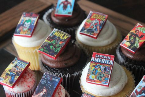 Cupcake Topper Edible Comic Books Little by LITTLEHOPECAKES Superhero Wedding Theme, Comic Book Wedding, Book Themed Party, Book Cupcakes, Book Cake, Edible Paper, Chesapeake Va, Sugar Cake, Edible Food