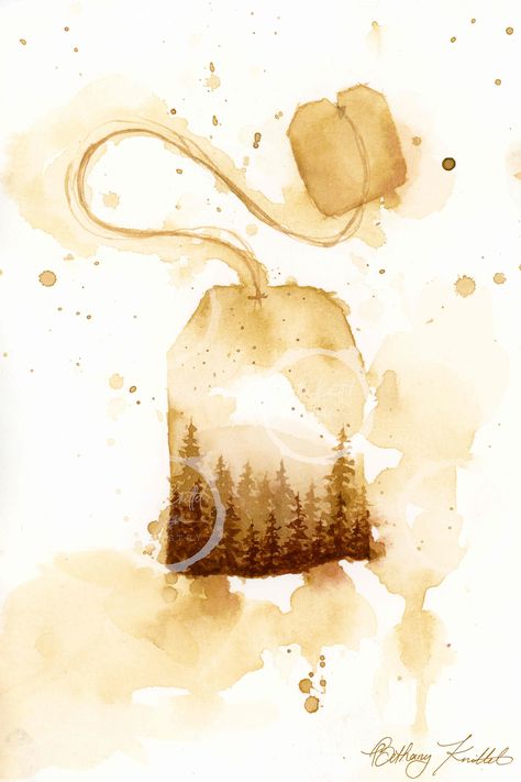 "Giclee fine art reproduction created by Beth Knittel features an imaginative tea bag pine tree world. Created in a loose, atmospheric style, this relaxing and inviting watercolor painting is the perfect print for any room any day.  All prints are made to order and lovingly packaged by the art printing experts at FinerWorks.  Print Details: Unframed Orientation: Portrait Size:  5 x 7\" 8\" x 12\" Materials:  Original work was created using watercolor, fine liner, colored pencil and gouache on co Tea Art Aesthetic, Tea Bag Watercolor, Tea Watercolor Painting, Tea Bag Art Ideas, Tea Art Illustration, Tea Bag Drawing, Painting With Tea, Semi Abstract Art, Watercolour Aesthetic