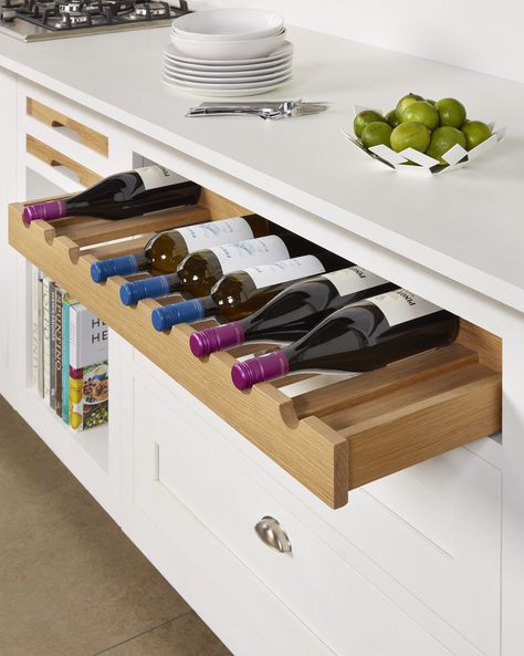 Our recently launched pull-out oak wine storage drawer. Bar Organization Ideas, Wine Drawer, Hidden Table, Diy Wine Rack Projects, Wine Rack Projects, Drawer Cabinets, Wine Rack Design, Glass Drawer, Rack Shelves