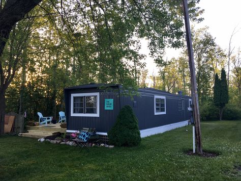 Upgraded Trailer Homes, Black Single Wide Trailer, Vintage Single Wide Mobile Home, Mobile Home Exterior Makeover Single Wide, Mobile Home Remodel Single Wide, Single Wide Mobile Home Remodel, Trailer Office, Mobile Home Single Wide, Vintage Mobile Home