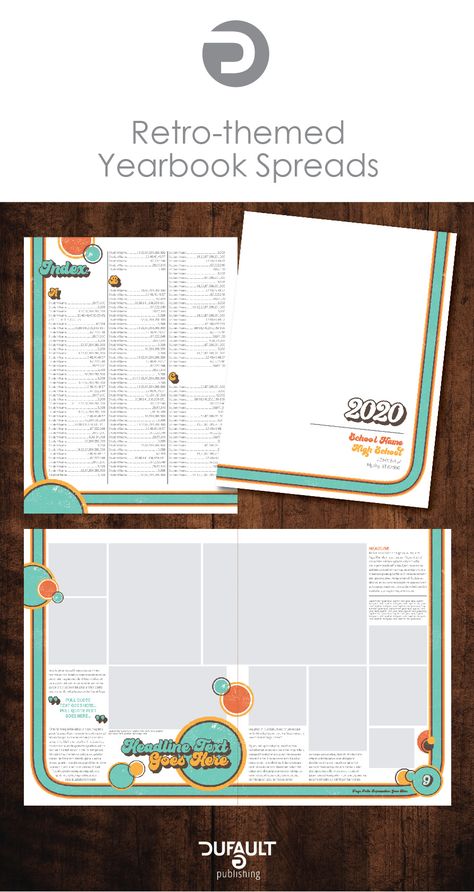 Layout ideas for your retro-themed book; Title Page and Index. Keep your layouts organized, but energized. Retro Yearbook Theme Pages, Retro Yearbook Ideas, Retro Yearbook Spreads, Retro Yearbook Theme, Book Title Page, Yearbook Templates, Graphic Design Layout, Yearbook Template, Yearbook Spreads