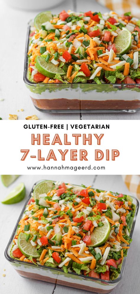 The BEST Healthy 7 Layer Dip ever made with beans, greek yogurt, fresh guacamole, quick Pico De Gallo, cheese, lettuce, and green onions. This healthy bean dip recipe is fresh, protein-packed, and totally delicious. It’s sure to be a crowd-pleaser for potlucks, holidays, and any other gatherings you have. #healthybeandip #7layerdip #beandip #tacodip #healthytacodip #healthy7layerdip #vegetarian #glutenfree Healthy Bean Dip Recipes, Taco Dip With Refried Beans, Healthy Bean Dip, Dip Vegetarian, Greek Yogurt Guacamole, Dip With Greek Yogurt, Layered Bean Dip, Vegan Potluck, Healthy Beans