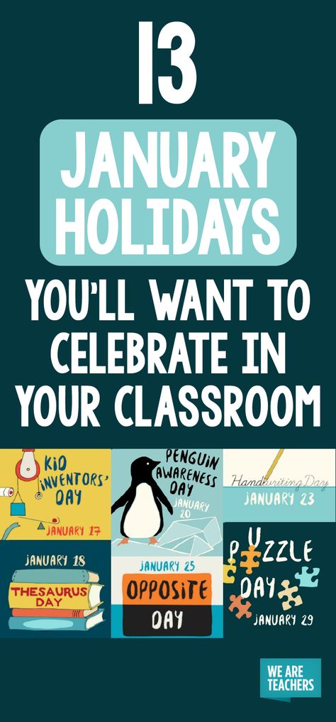 13 Fun January Holidays You'll Want to Celebrate in Your Classroom January 3rd Grade, January Classroom Themes, January Teaching Ideas, Winter Classroom Activities, January Classroom, January Activities, Social Studies Notebook, Teaching Holidays, Elementary School Library