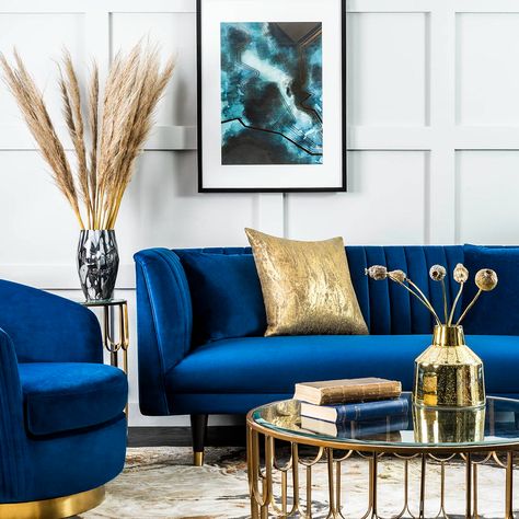 Blue sofa living room ideas – 10 ways to style statement sofa colour Gold Blue Living Room, Teal Sofa Living Room, Blue Velvet Sofa Living Room, Blue And Gold Living Room, London Room, Blue Apartment, Blue Sofa Living, Blue Sofas Living Room, Velvet Sofa Living Room