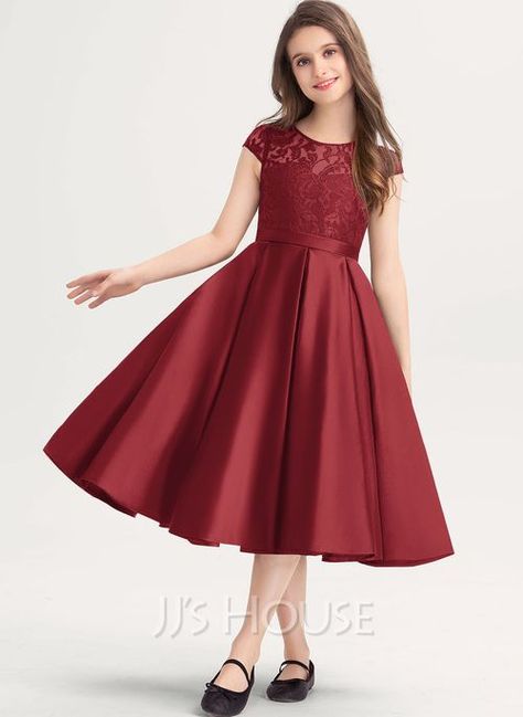 [Sponsored] A-Line Scoop Neck Knee-Length Satin Lace Junior Bridesmaid Dress With Pockets (009217807) - Jj's House #babygirldress Satin Gown Designs Indian, Black Dress Party Wear, Short Wedding Gowns, Baby Frock Pattern, African Dresses For Kids, Simple Gowns, Frock Patterns, Kids Frocks Design