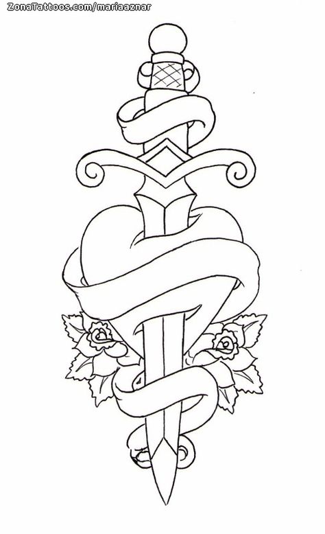 Dagger Heart Tattoo, Heart And Dagger Tattoo, Heart Tattoo Flash, Heart Dagger Tattoo, Acab Tattoo, Tato Phoenix, Dagger Drawing, Tato Flash, Tato Tradisional