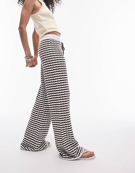 Topshop knit striped pants in brown and white | ASOS Form Outfits, Sixth Form, Chill Outfits, Leggings Sale, Printed Trousers, Satin Slip Dress, Maxi Dress Trend, Black Wrap Dress, Petite Maternity