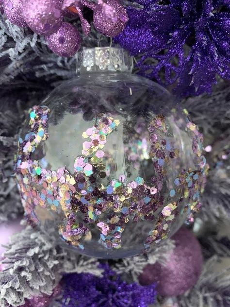 Flocked Slim Christmas Tree, Glue Ornaments, Purple Ornaments, Purple Christmas Decorations, Purple Christmas Ornaments, White Xmas Tree, Clear Plastic Ornaments, Flocked Tree, Purple Christmas Tree